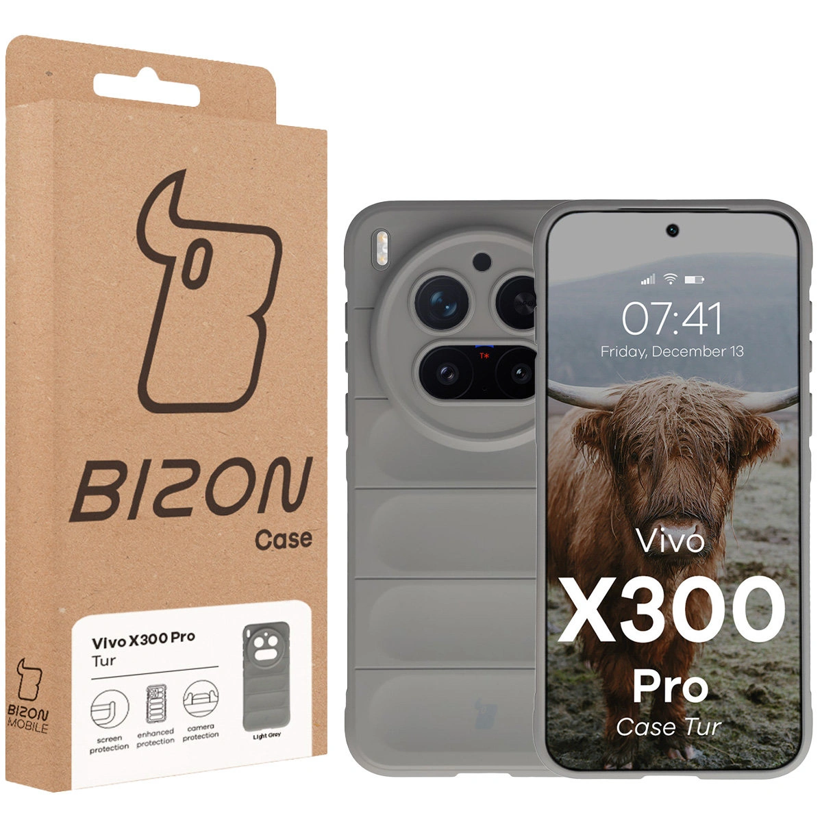 Przód pudełka Bizon Case z dedykowaną etykietą do Vivo X300 Pro