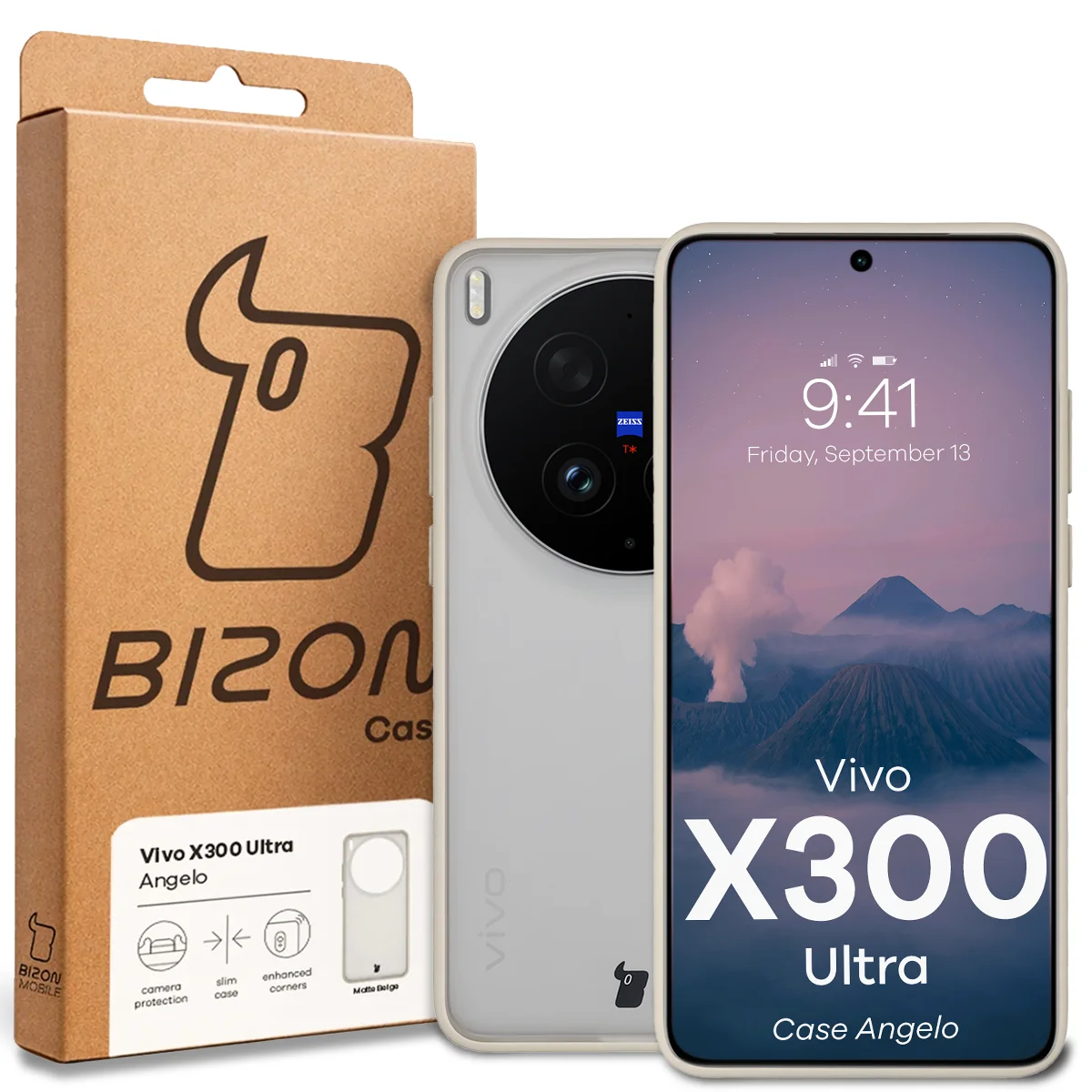 Przód pudełka Bizon Case z dedykowaną etykietą do Vivo X300 Ultra