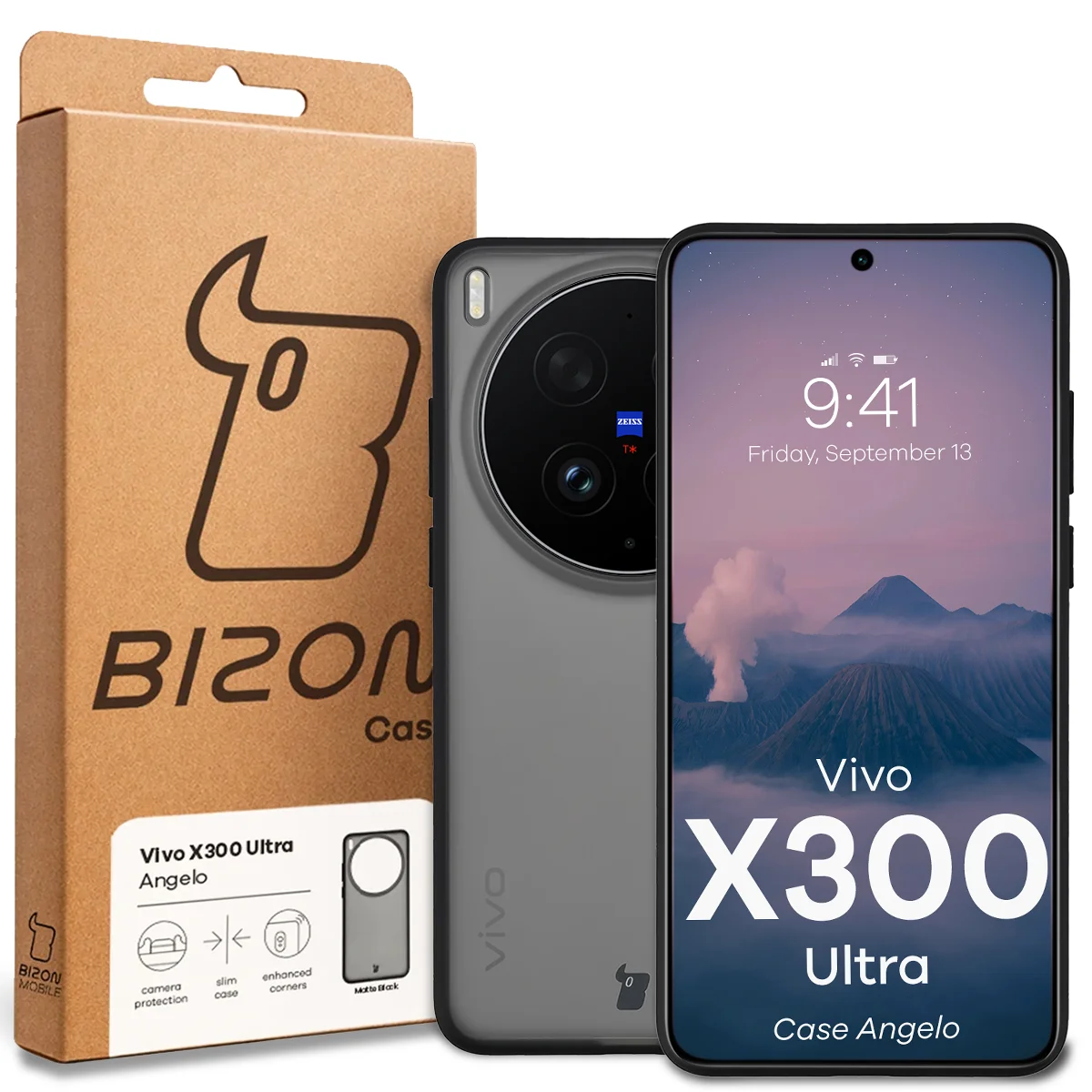 Przód pudełka Bizon Case z dedykowaną etykietą do Vivo X300 Ultra