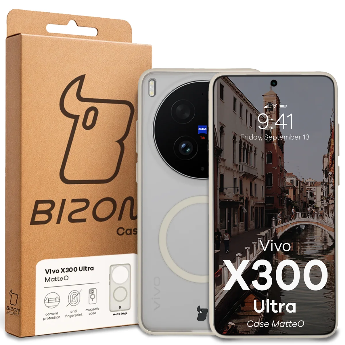 Przód pudełka Bizon Case z dedykowaną etykietą do Vivo X300 Ultra