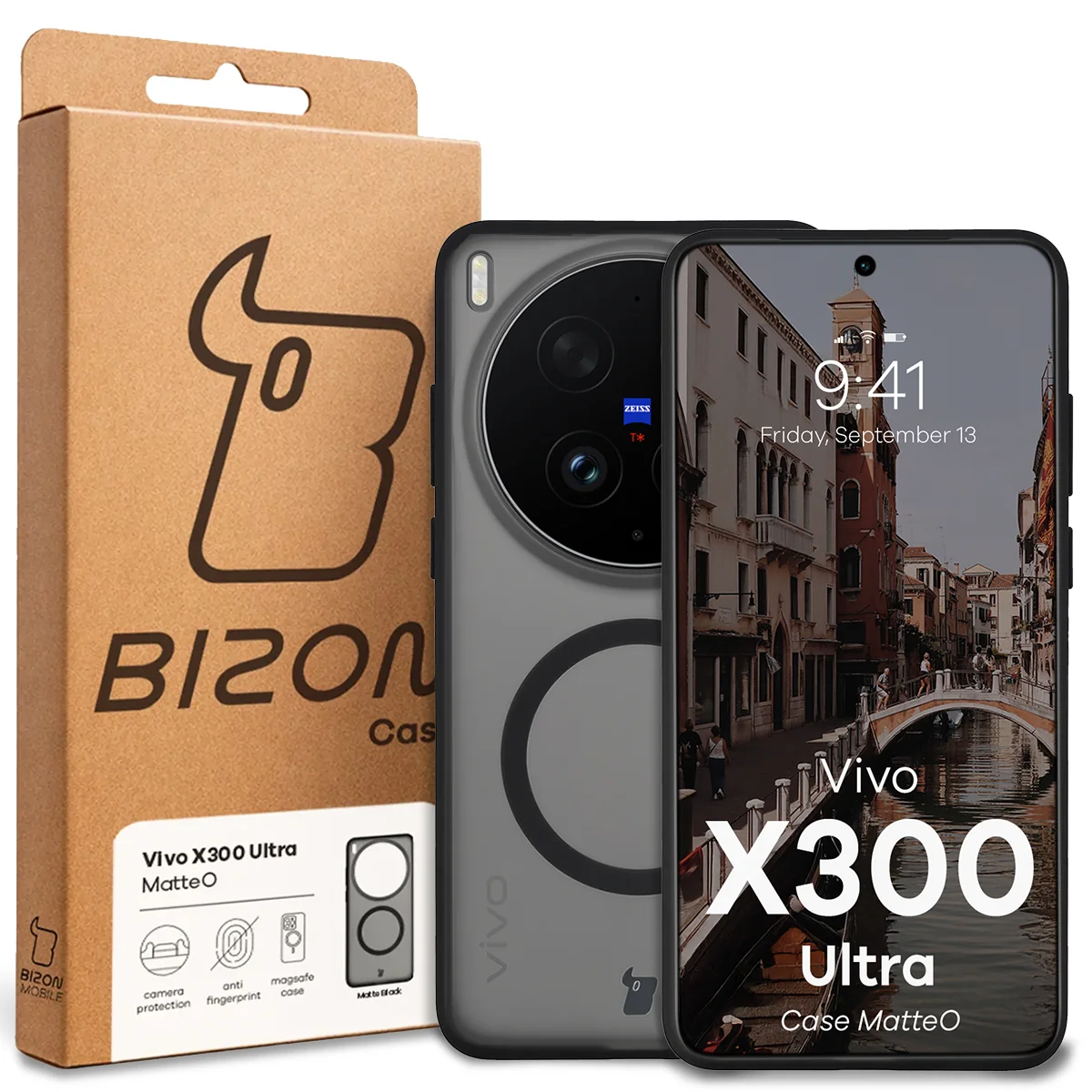Przód pudełka Bizon Case z dedykowaną etykietą do Vivo X300 Ultra