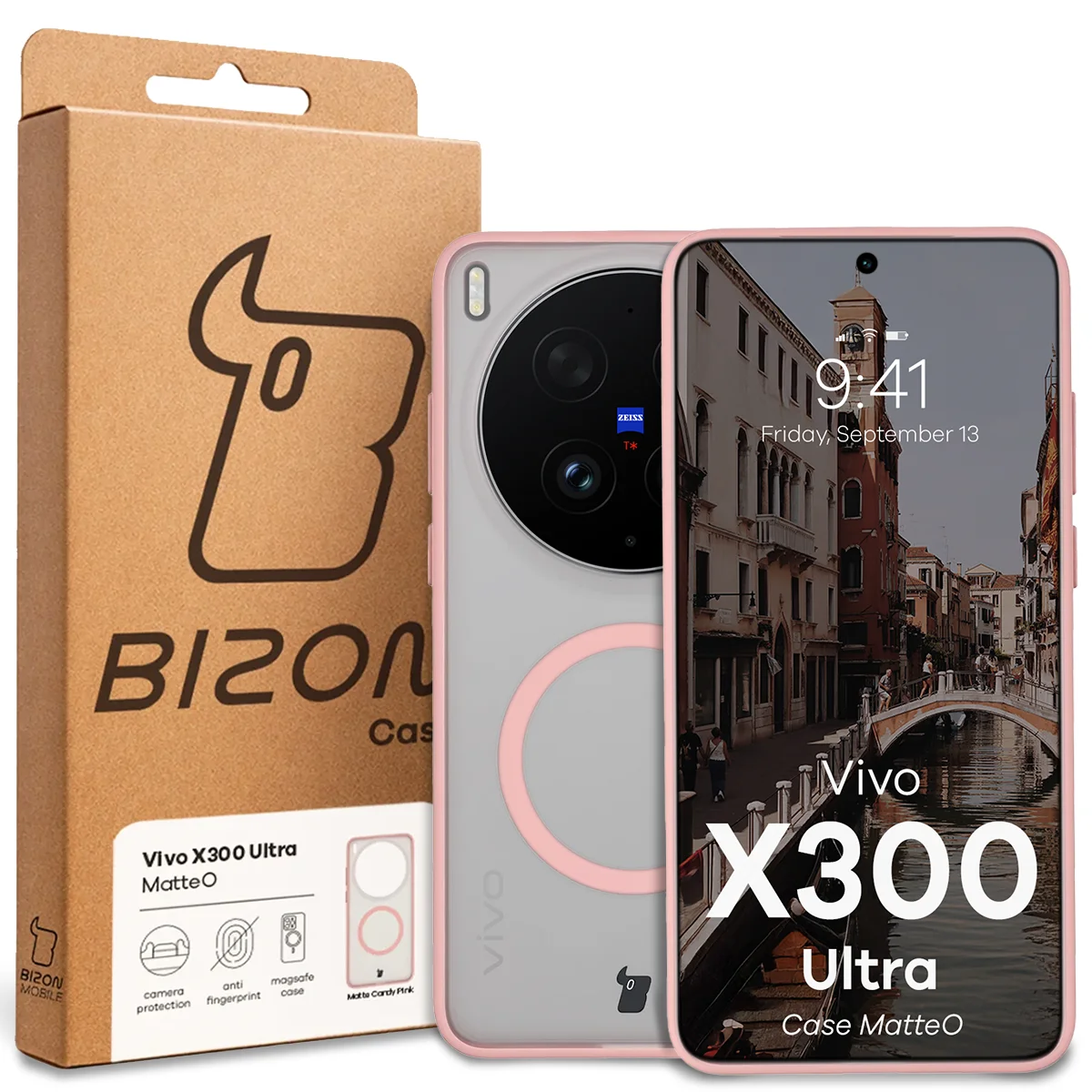 Przód pudełka Bizon Case z dedykowaną etykietą do Vivo X300 Ultra