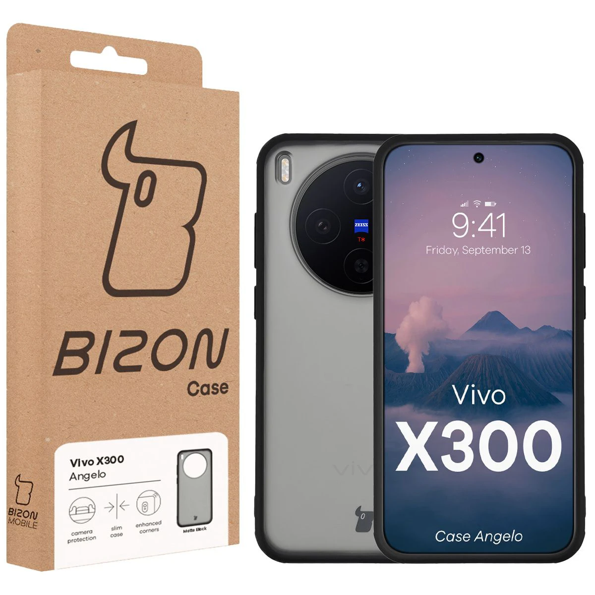 Przód pudełka Bizon Case z dedykowaną etykietą do Vivo X300