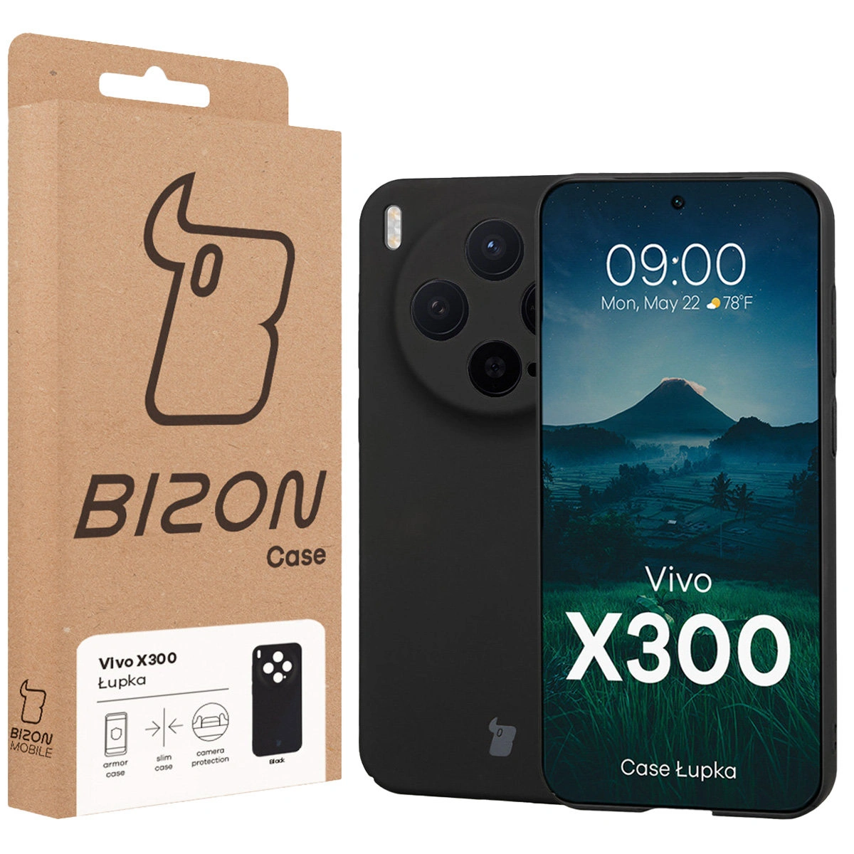 Przód pudełka Bizon Case z dedykowaną etykietą do Vivo X300