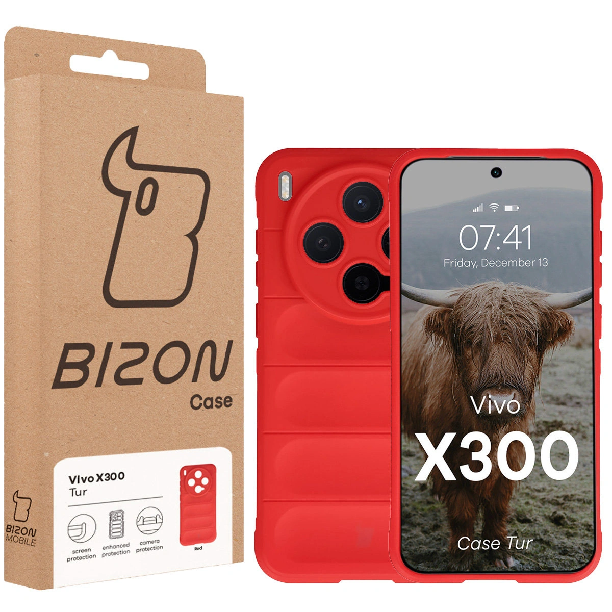 Vorderseite der Verpackung des Bizon Case mit dediziertem Etikett für Vivo X300