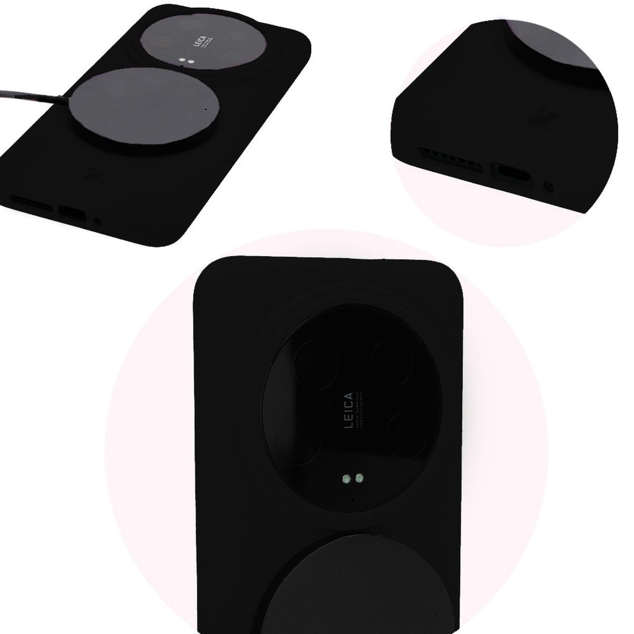 Close-up of precise cutouts and wireless charging capability in Bizon Soft Case