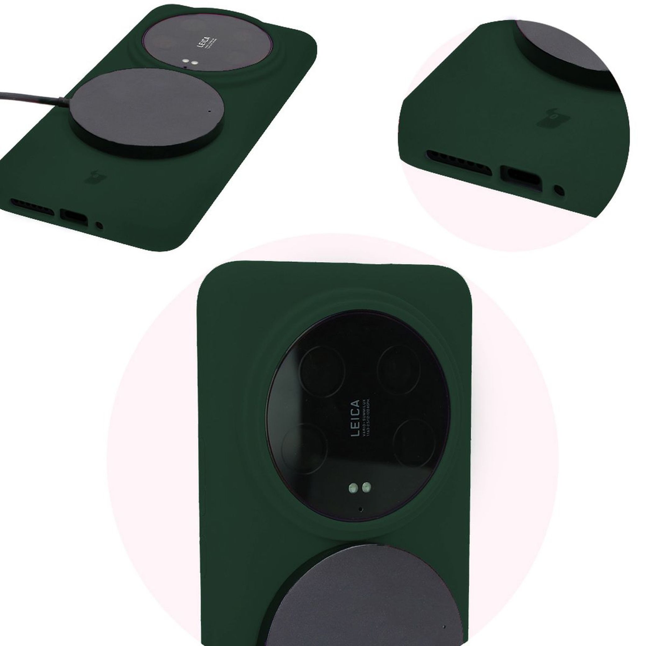 Close-up of precise cutouts and wireless charging capability in the Bizon Soft Case