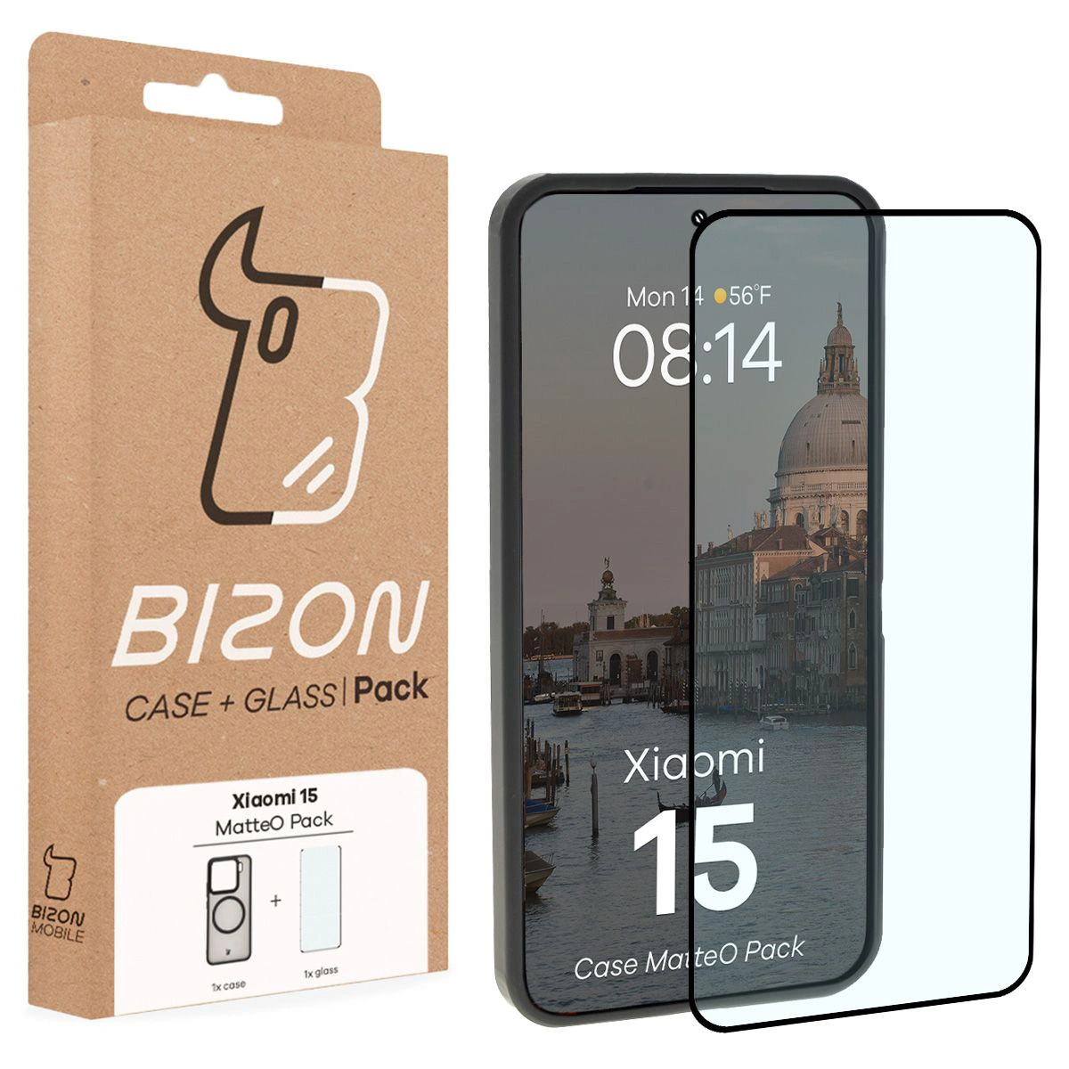 Przód pudełka Bizon Case Matteo Pack z dedykowaną etykietą do Xiaomi 15