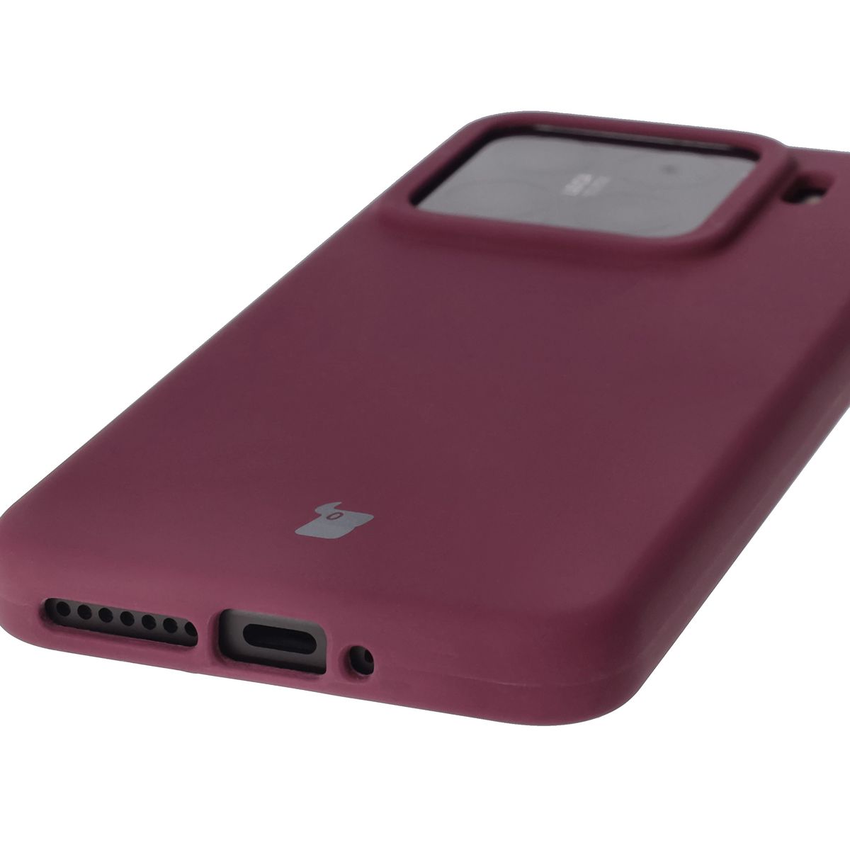 Close-up of precise cutouts and wireless charging capability in the Bison Soft Case