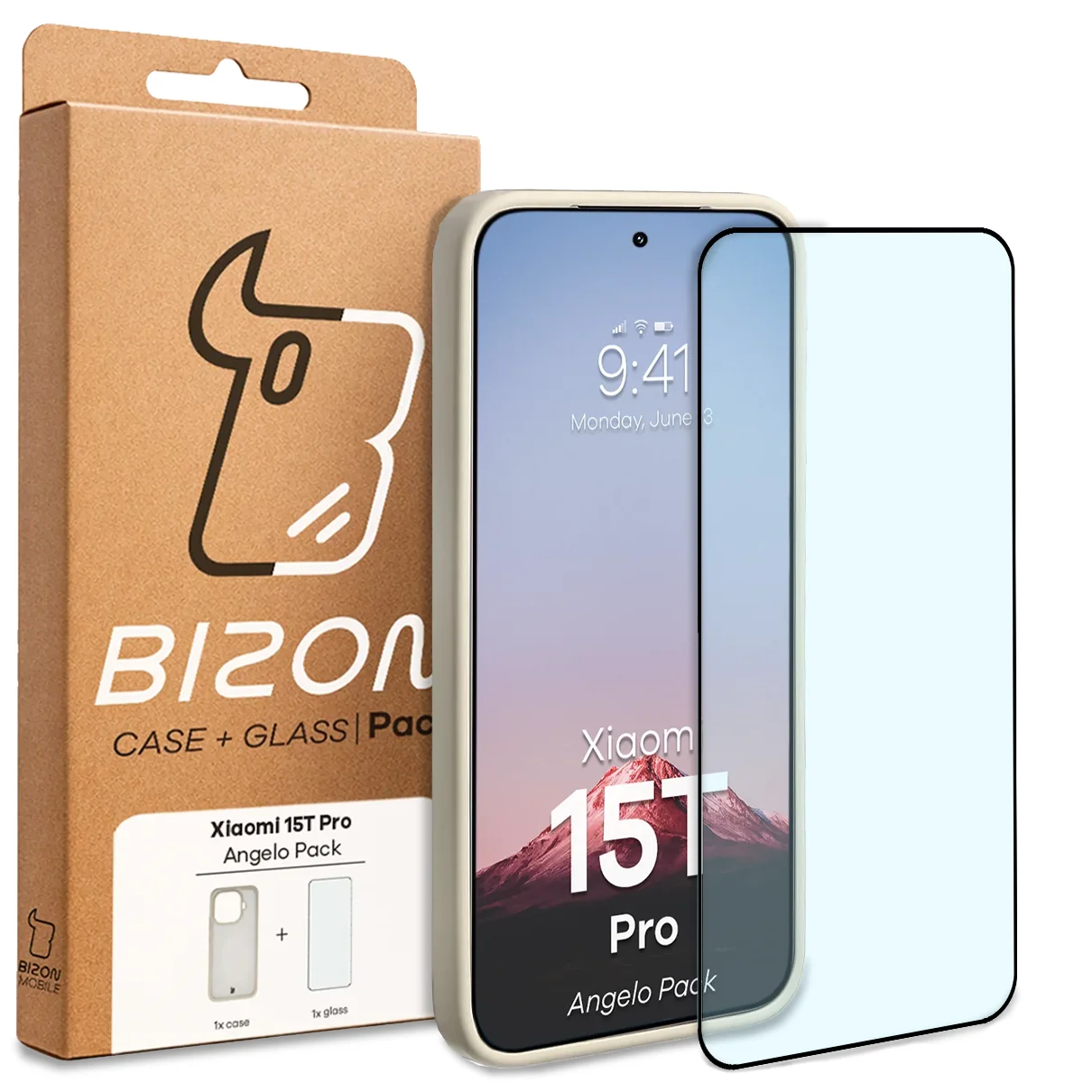 Przód pudełka Bizon Case Angelo Pack z dedykowaną etykietą do Xiaomi 15T Pro