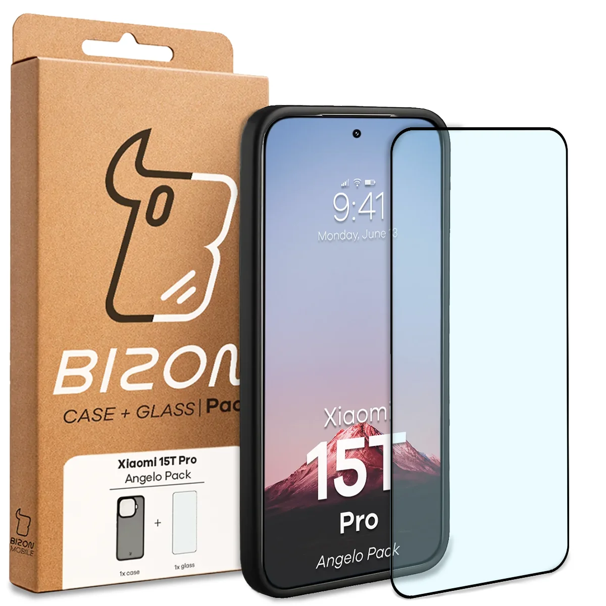 Przód pudełka Bizon Case Angelo Pack z dedykowaną etykietą do Xiaomi 15T Pro