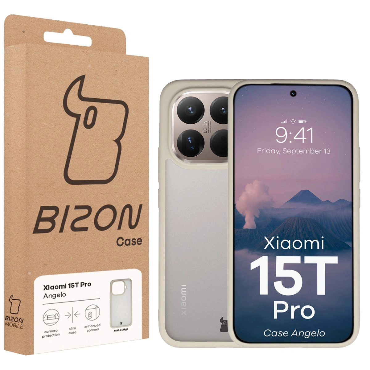 Przód pudełka Bizon Case z dedykowaną etykietą do Xiaomi 15T Pro