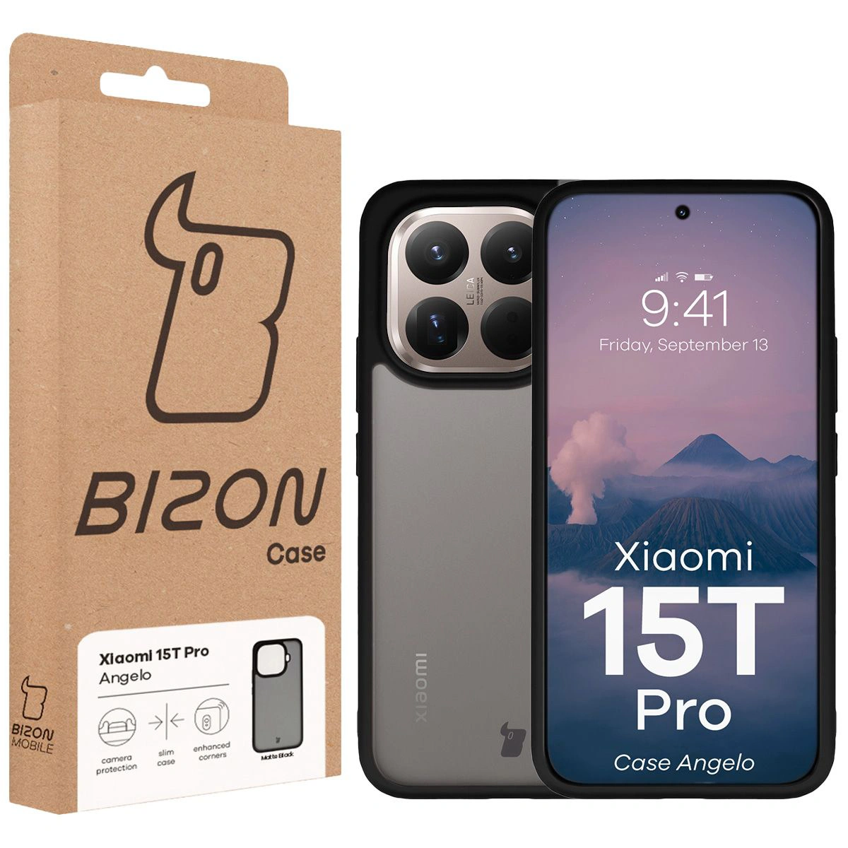 Przód pudełka Bizon Case z dedykowaną etykietą do Xiaomi 15T Pro
