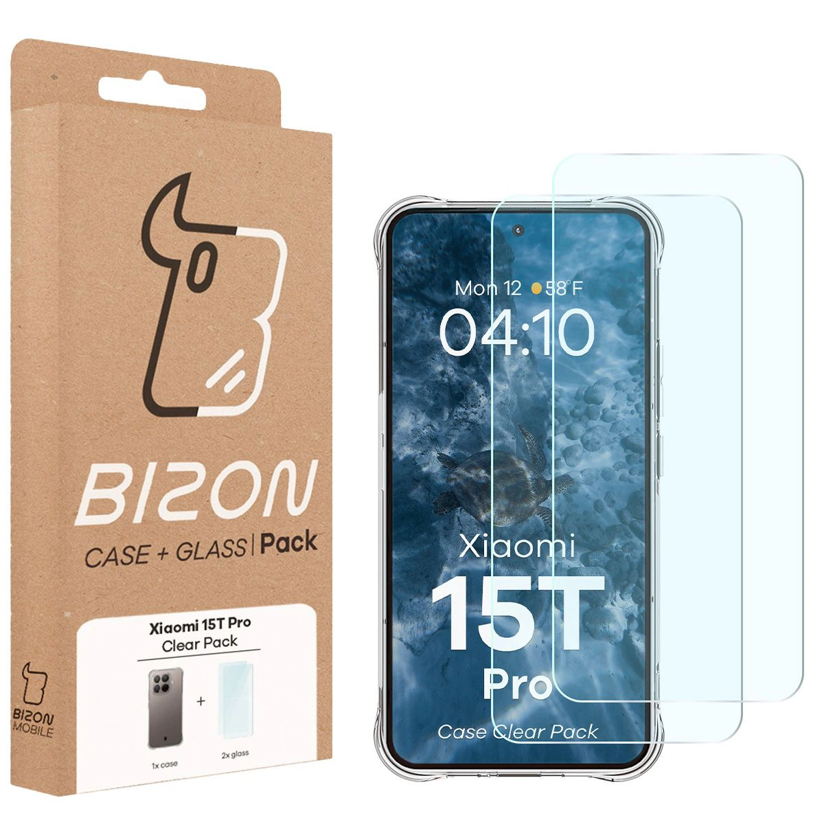 Front of the Bison Case+Glass box with dedicated label for Xiaomi 15T Pro