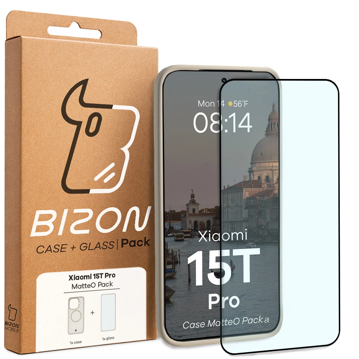 Przód pudełka Bizon Case Matteo Pack z dedykowaną etykietą do Xiaomi 15T Pro