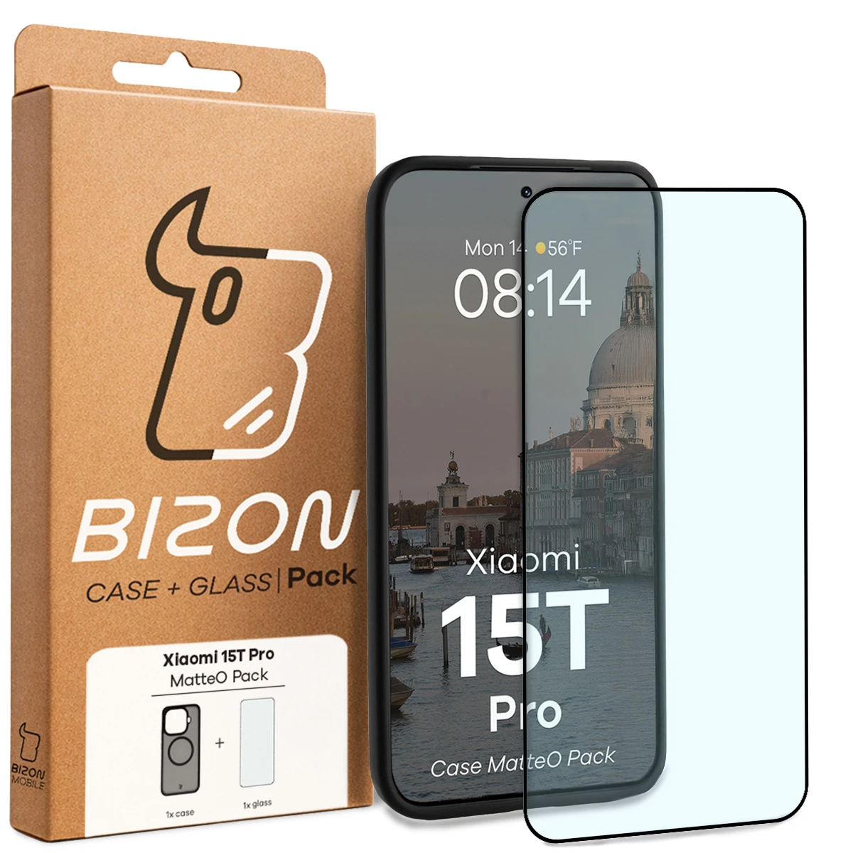 Przód pudełka Bizon Case Matteo Pack z dedykowaną etykietą do Xiaomi 15T Pro