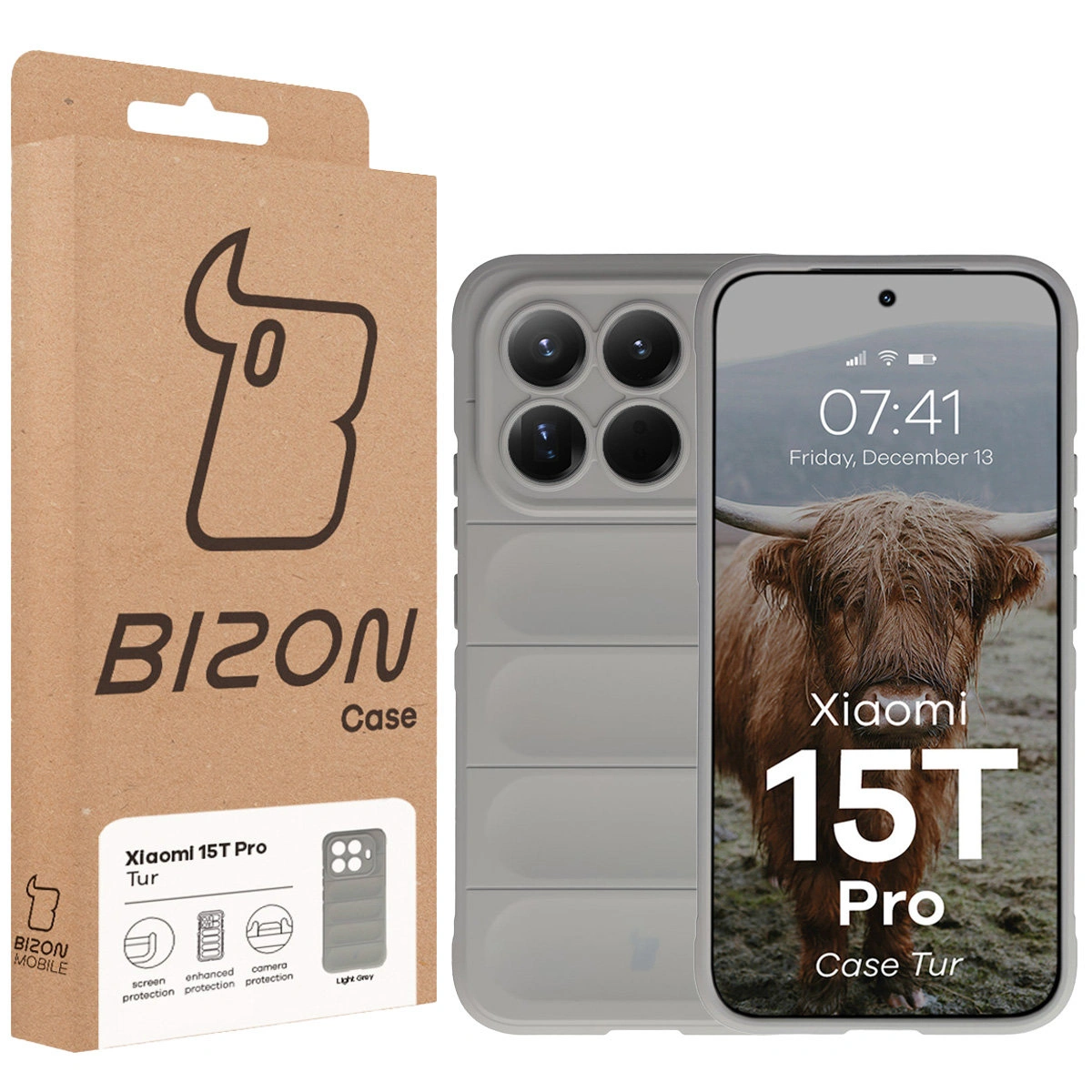 Fața cutiei Bizon Case cu etichetă dedicată pentru Xiaomi 15T Pro