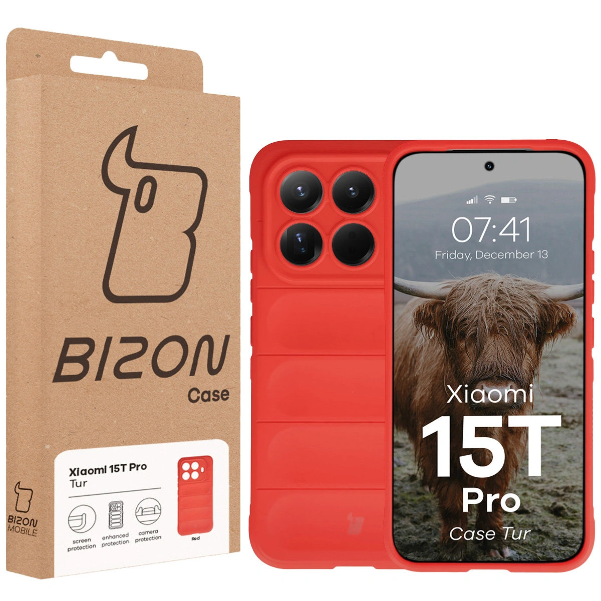 Fața cutiei Bizon Case cu eticheta dedicată pentru Xiaomi 15T Pro