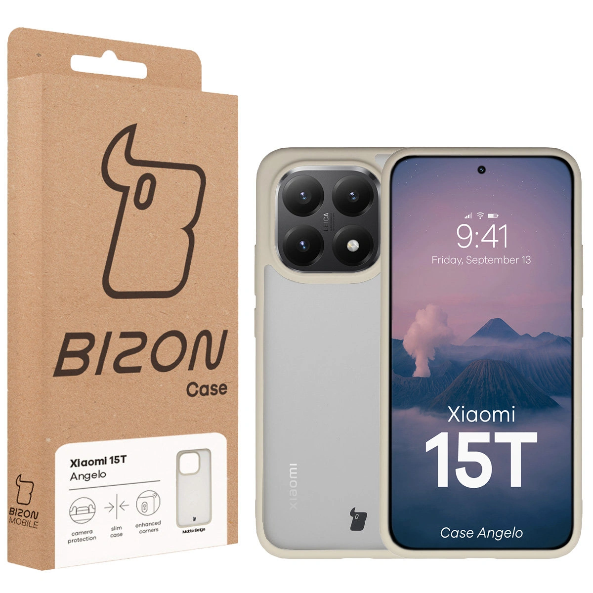 Fața cutiei Bizon Case cu eticheta dedicată pentru Xiaomi 15T