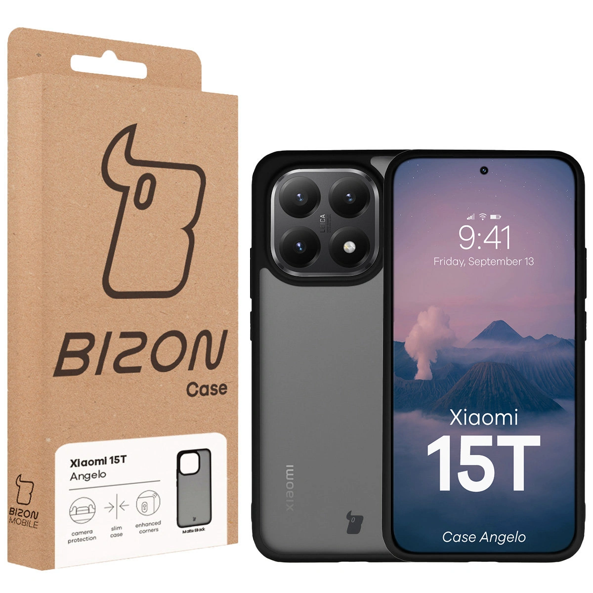 Fața cutiei Bizon Case cu eticheta dedicată pentru Xiaomi 15T