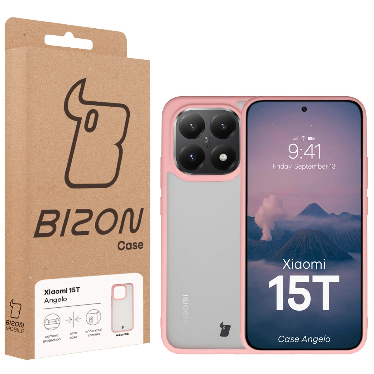 Partea din față a cutiei Bizon Case cu eticheta dedicată pentru Xiaomi 15T