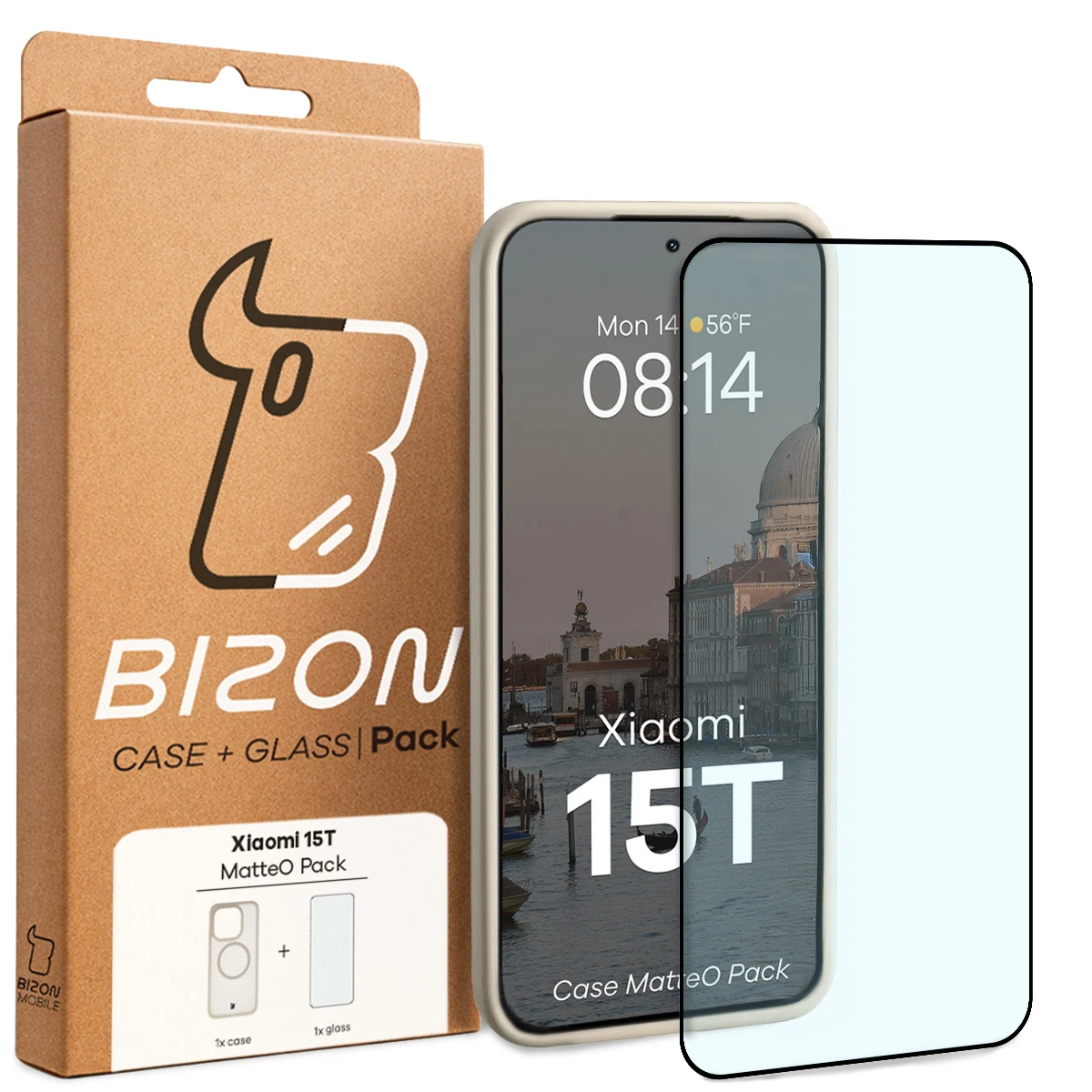 Przód pudełka Bizon Case Matteo Pack z dedykowaną etykietą do Xiaomi 15T