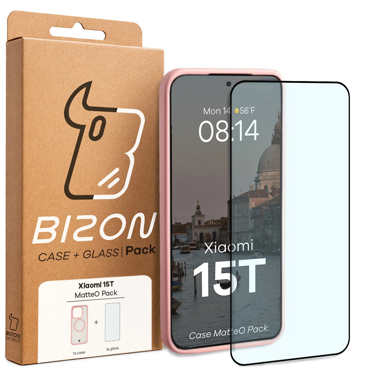 Przód pudełka Bizon Case Matteo Pack z dedykowaną etykietą do Xiaomi 15T