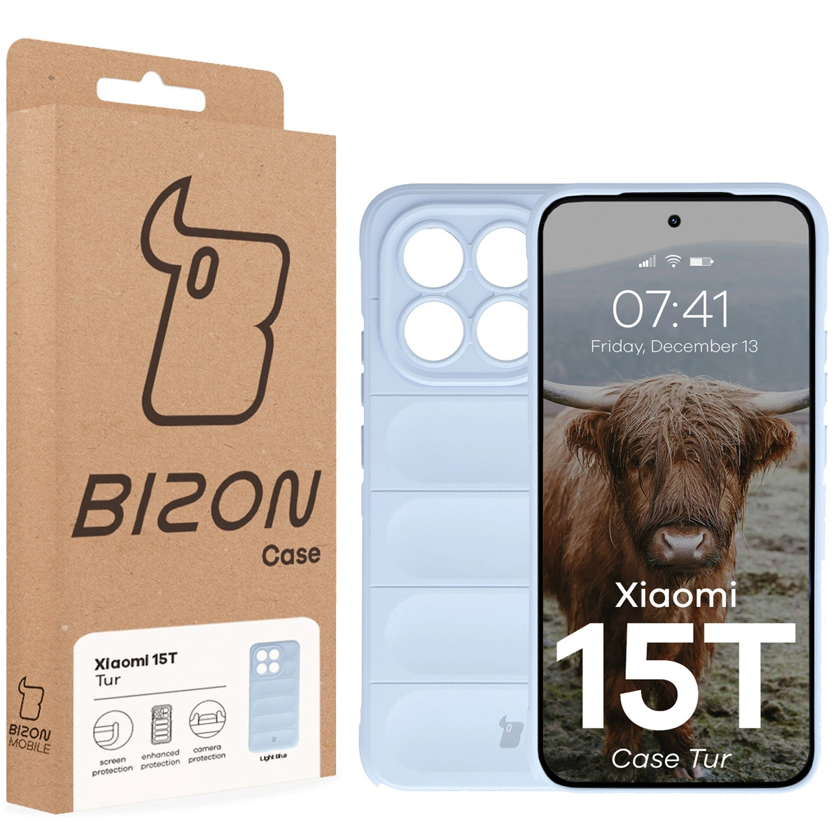 Fața cutiei Bizon Case cu eticheta dedicată pentru Xiaomi 15T