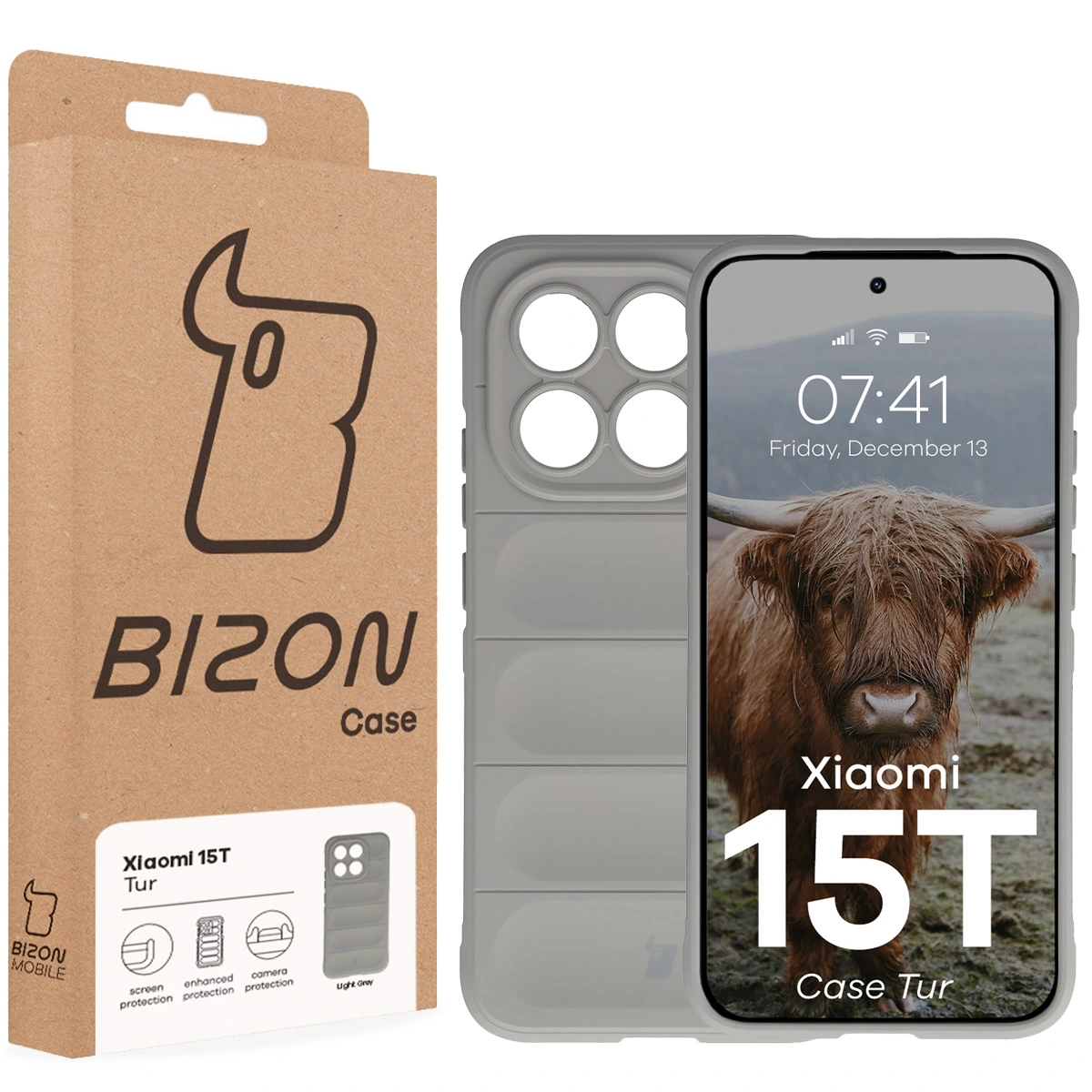 Fața cutiei Bizon Case cu etichetă dedicată pentru Xiaomi 15T