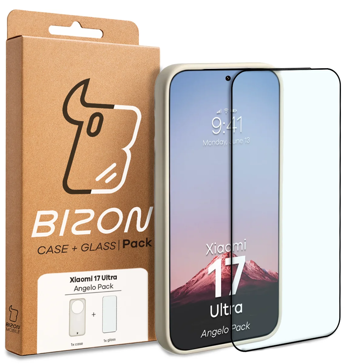 Vorderseite der Verpackung Bizon Case Angelo Pack mit dediziertem Etikett für Xiaomi 17 Ultra