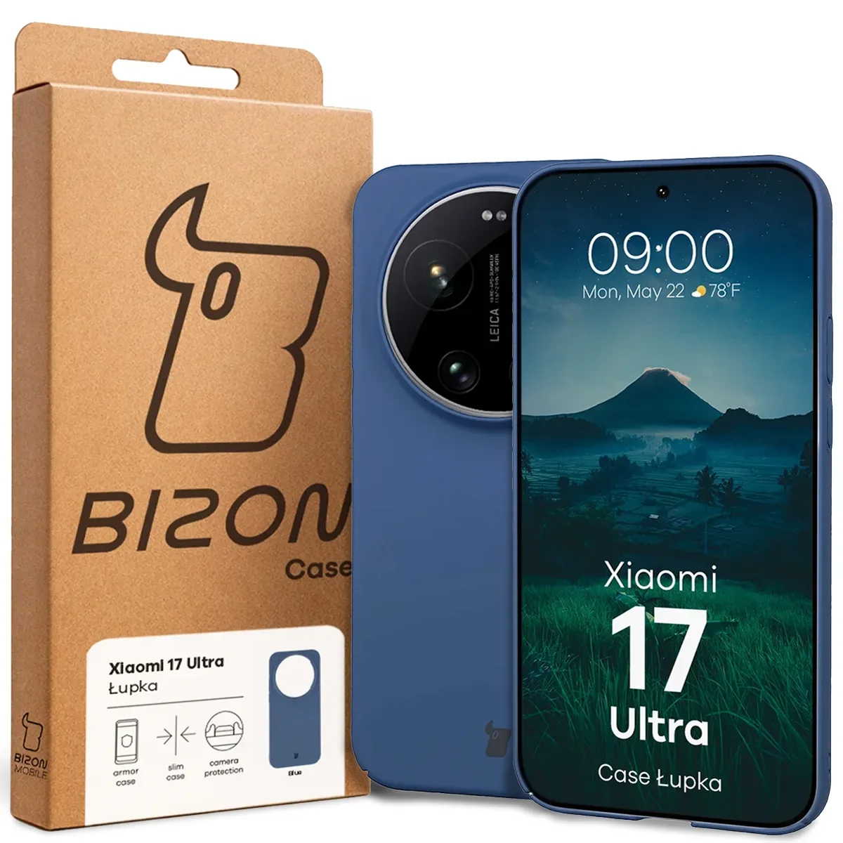Przód pudełka Bizon Case z dedykowaną etykietą do Xiaomi 17 Ultra