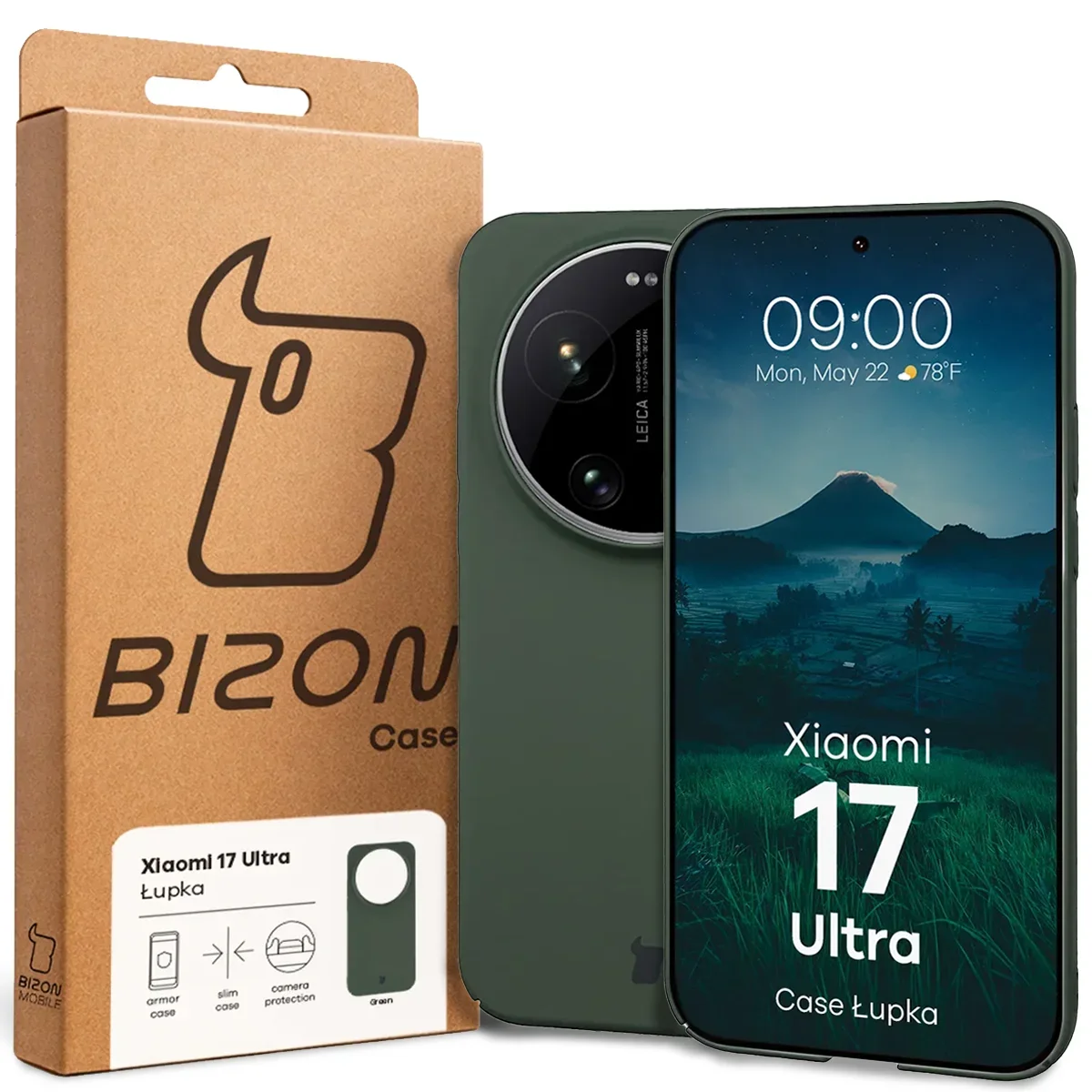 Przód pudełka Bizon Case z dedykowaną etykietą do Xiaomi 17 Ultra