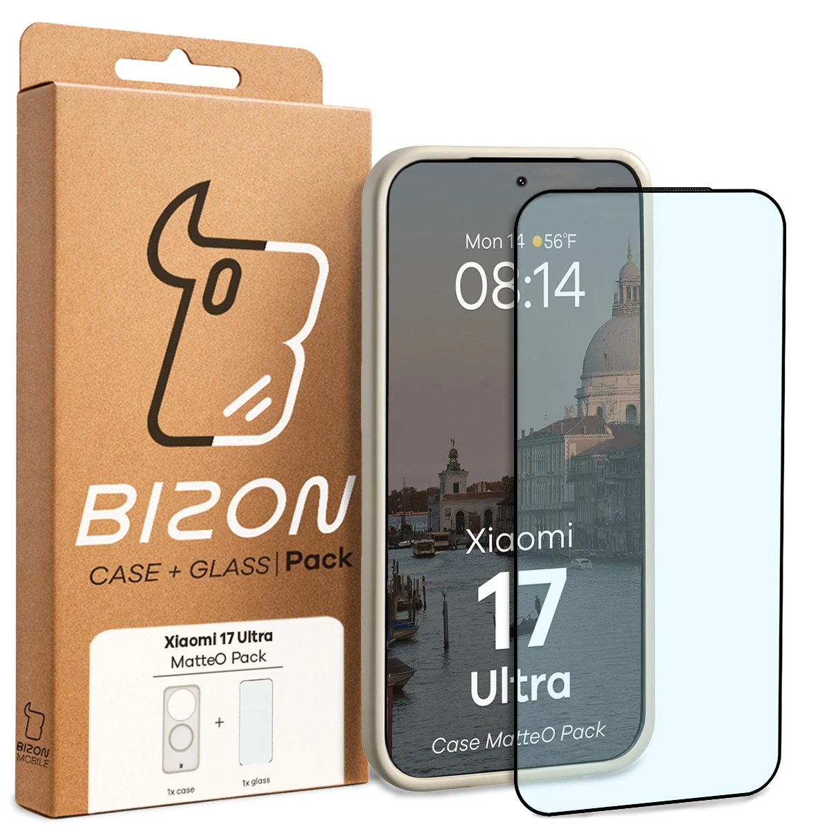 Przód pudełka Bizon Case Matteo Pack z dedykowaną etykietą do Xiaomi 17 Ultra