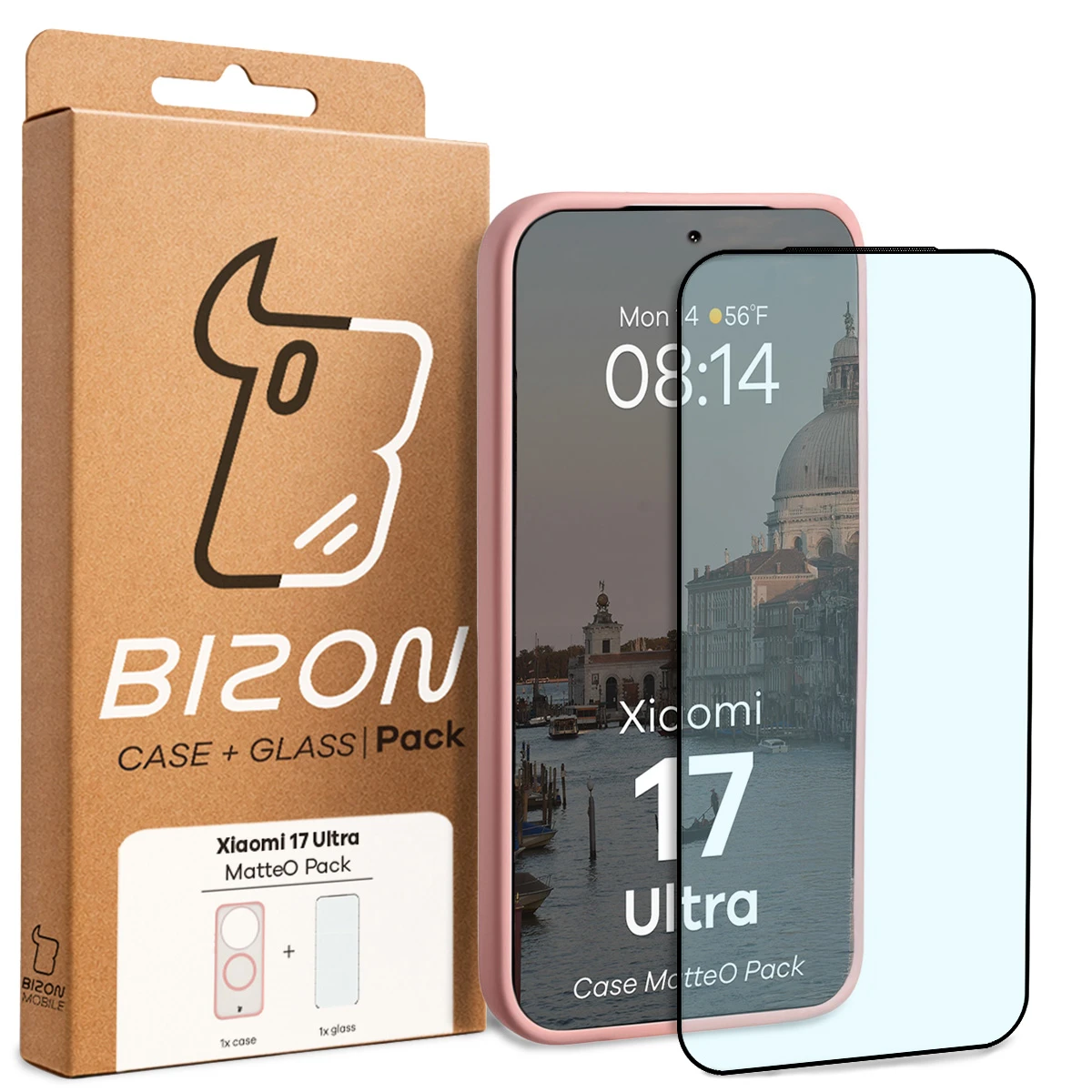 Przód pudełka Bizon Case Matteo Pack z dedykowaną etykietą do Xiaomi 17 Ultra