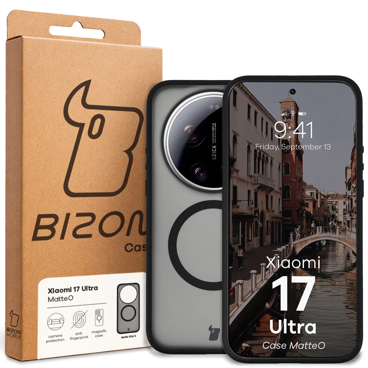 Vorderseite der Bizon Case Verpackung mit dediziertem Etikett für Xiaomi 17 Ultra