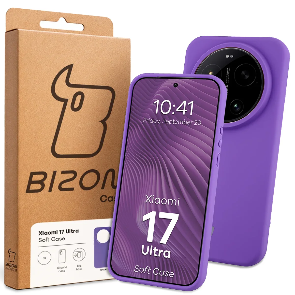 Przód pudełka Bizon Case z dedykowaną etykietą do Xiaomi 17 Ultra