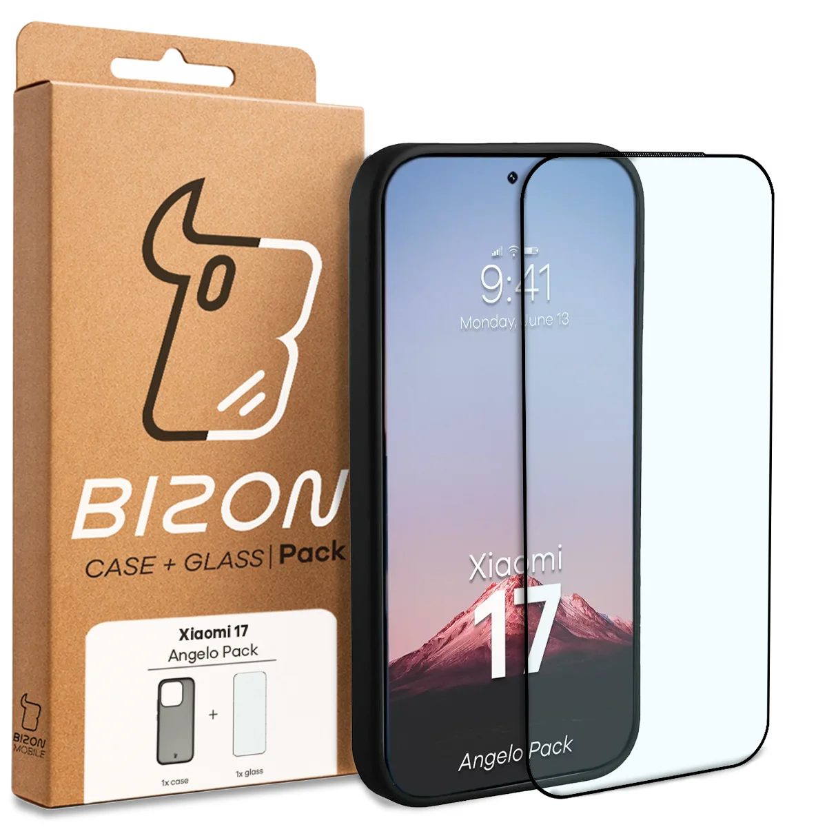 Przód pudełka Bizon Case Angelo Pack z dedykowaną etykietą do Xiaomi 17
