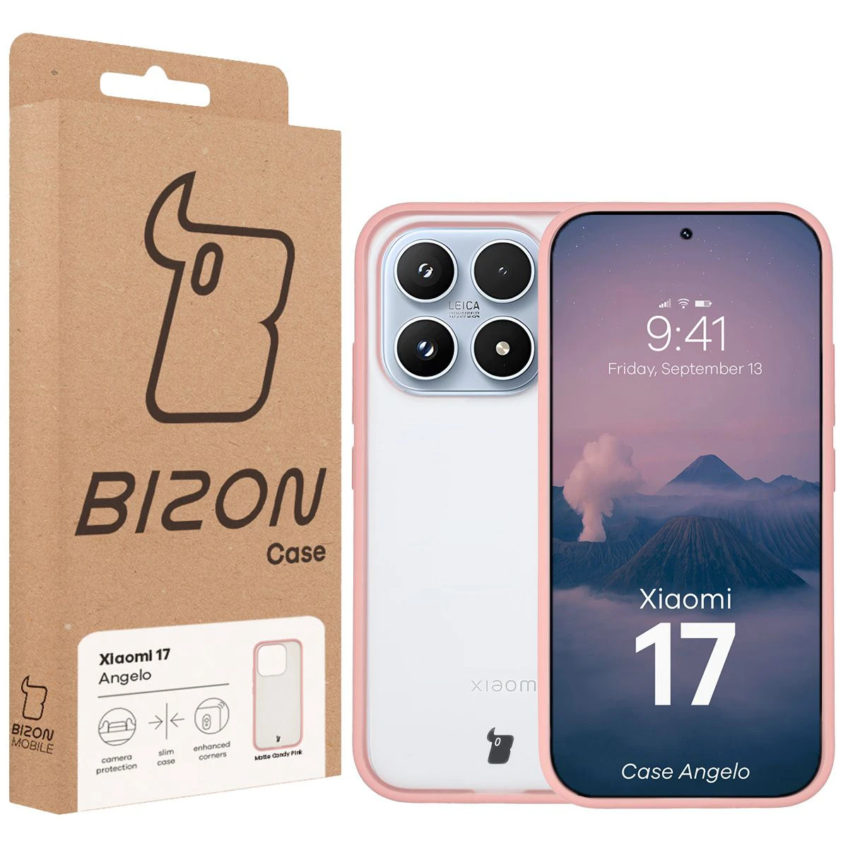 Fața cutiei Bizon Case cu etichetă dedicată pentru Xiaomi 17