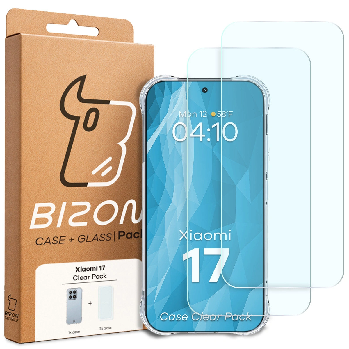 Przód pudełka Bizon Case+Glass z dedykowaną etykietą do Xiaomi 17