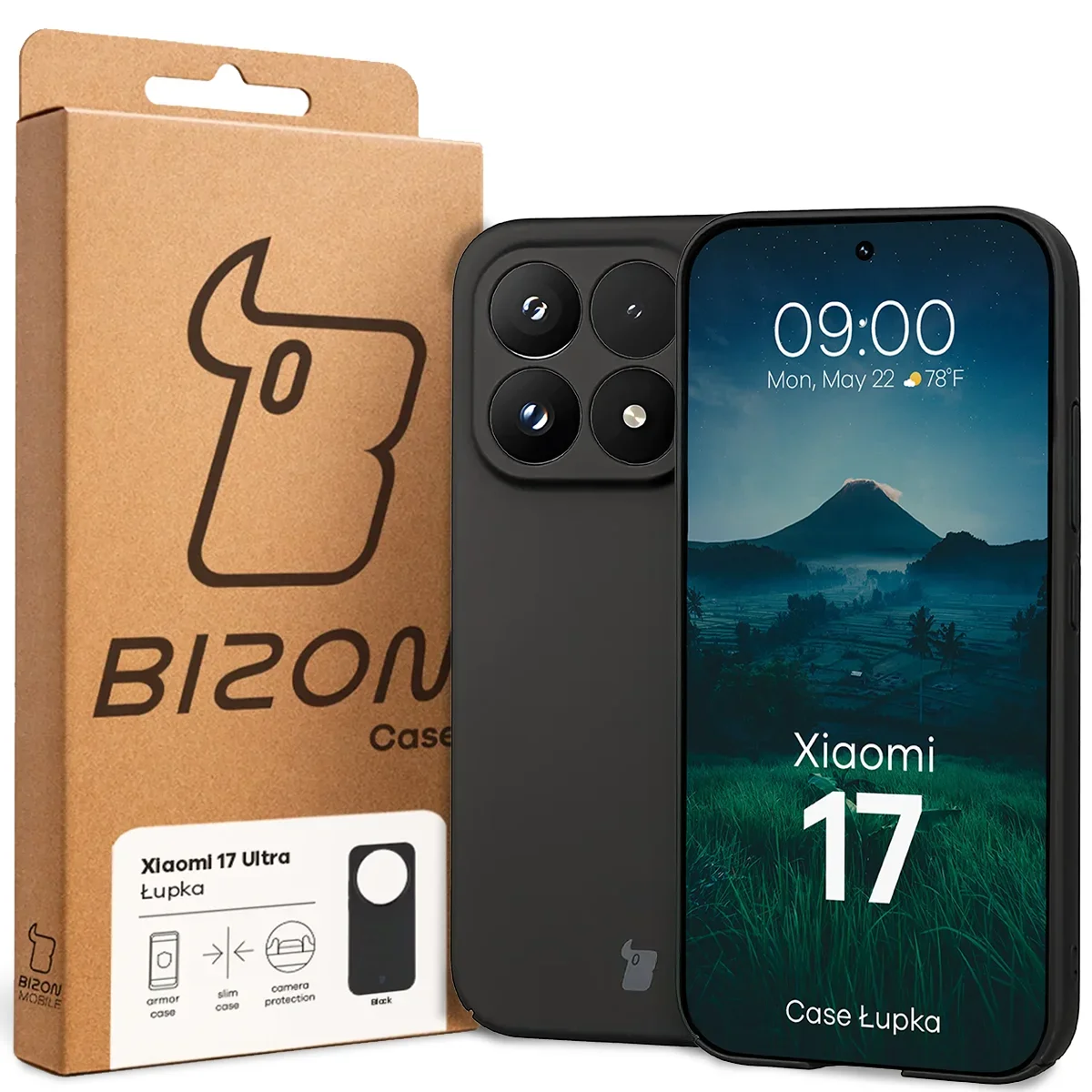 Przód pudełka Bizon Case z dedykowaną etykietą do Xiaomi 17