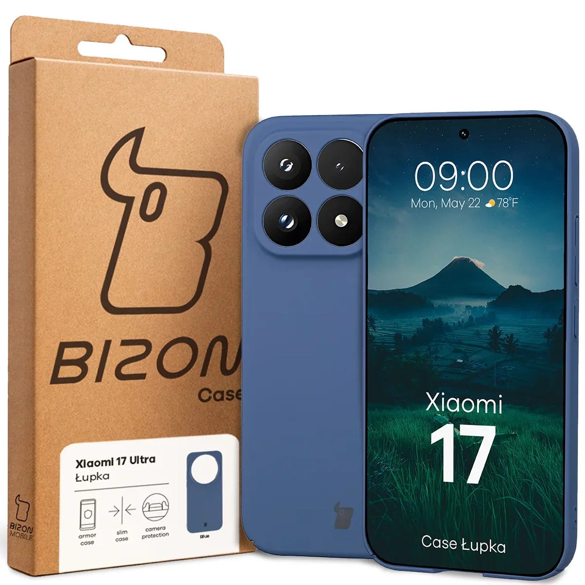 Przód pudełka Bizon Case z dedykowaną etykietą do Xiaomi 17