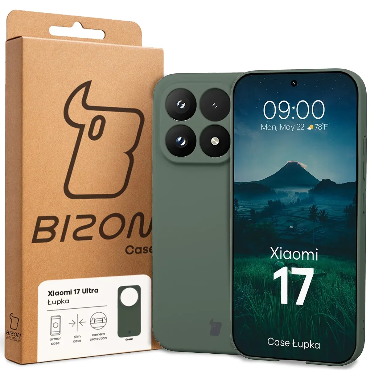 Przód pudełka Bizon Case z dedykowaną etykietą do Xiaomi 17