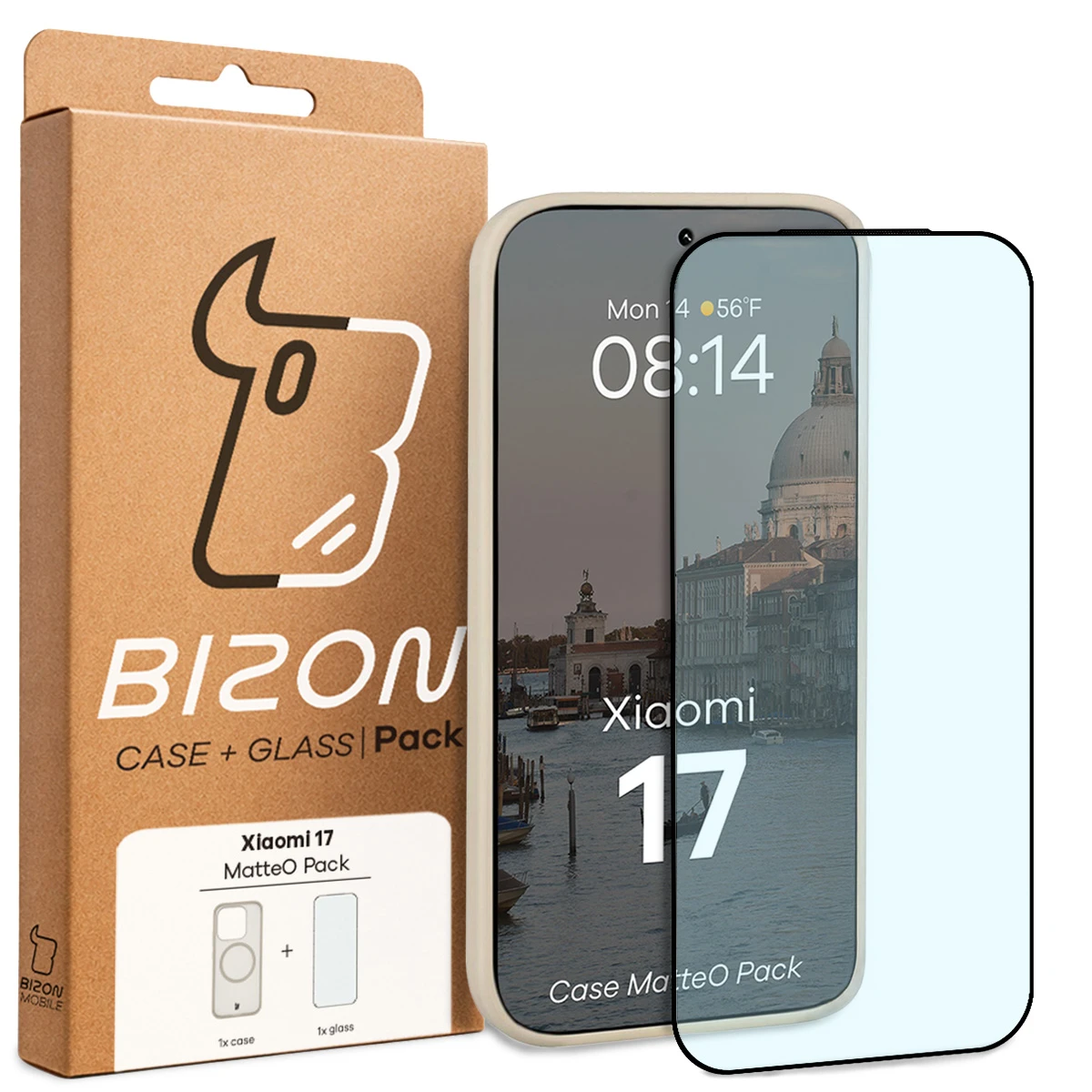 Przód pudełka Bizon Case Matteo Pack z dedykowaną etykietą do Xiaomi 17