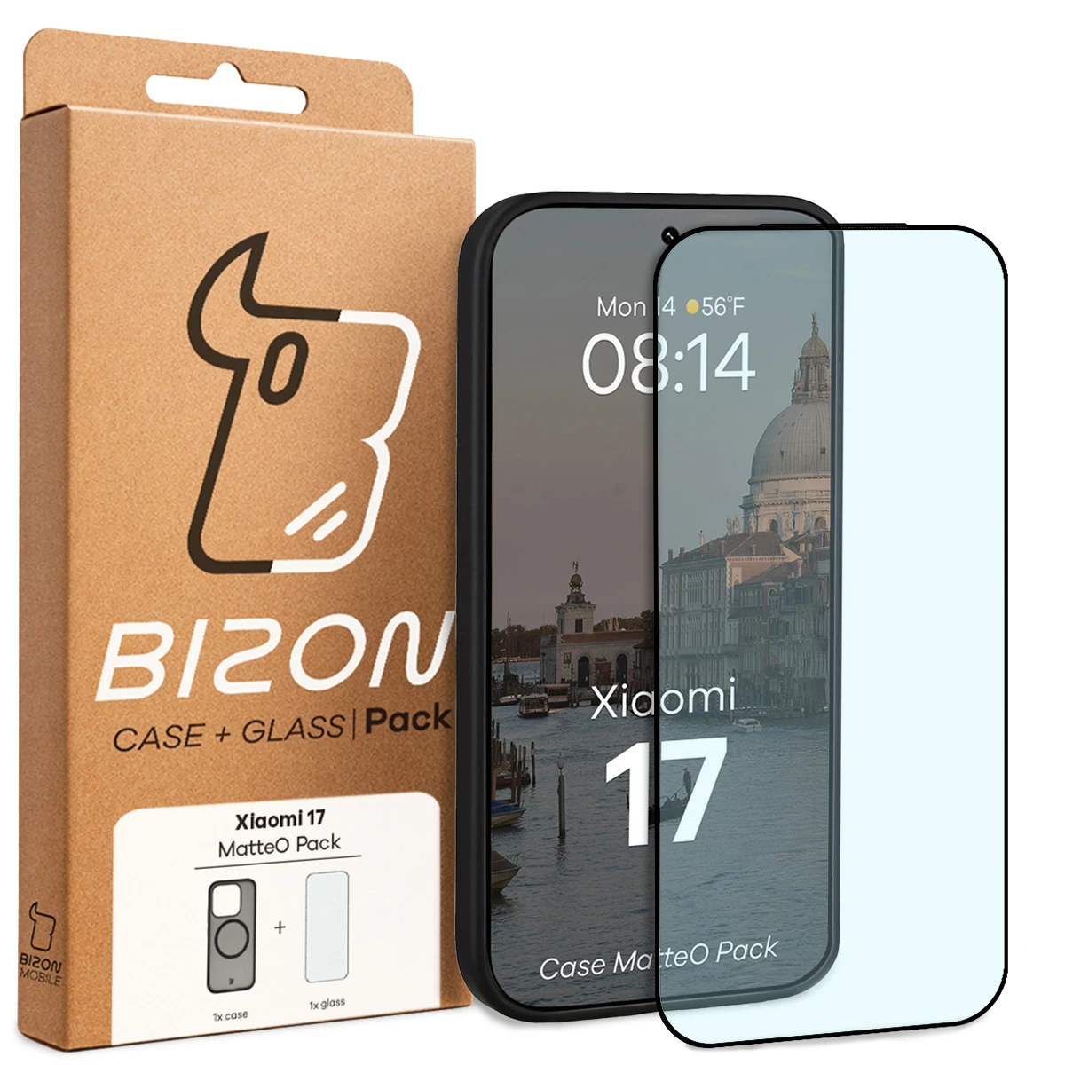 Przód pudełka Bizon Case Matteo Pack z dedykowaną etykietą do Xiaomi 17