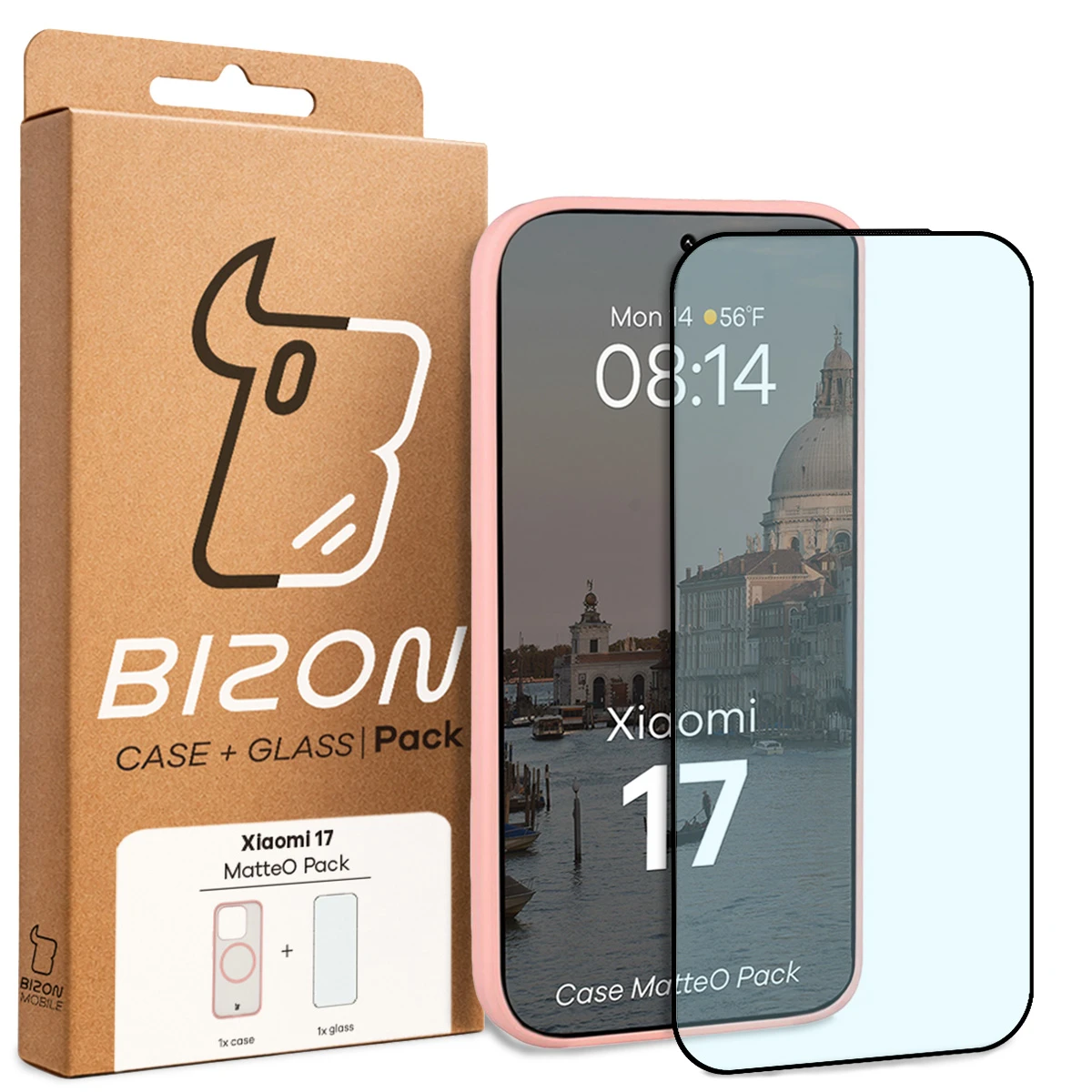 Przód pudełka Bizon Case Matteo Pack z dedykowaną etykietą do Xiaomi 17