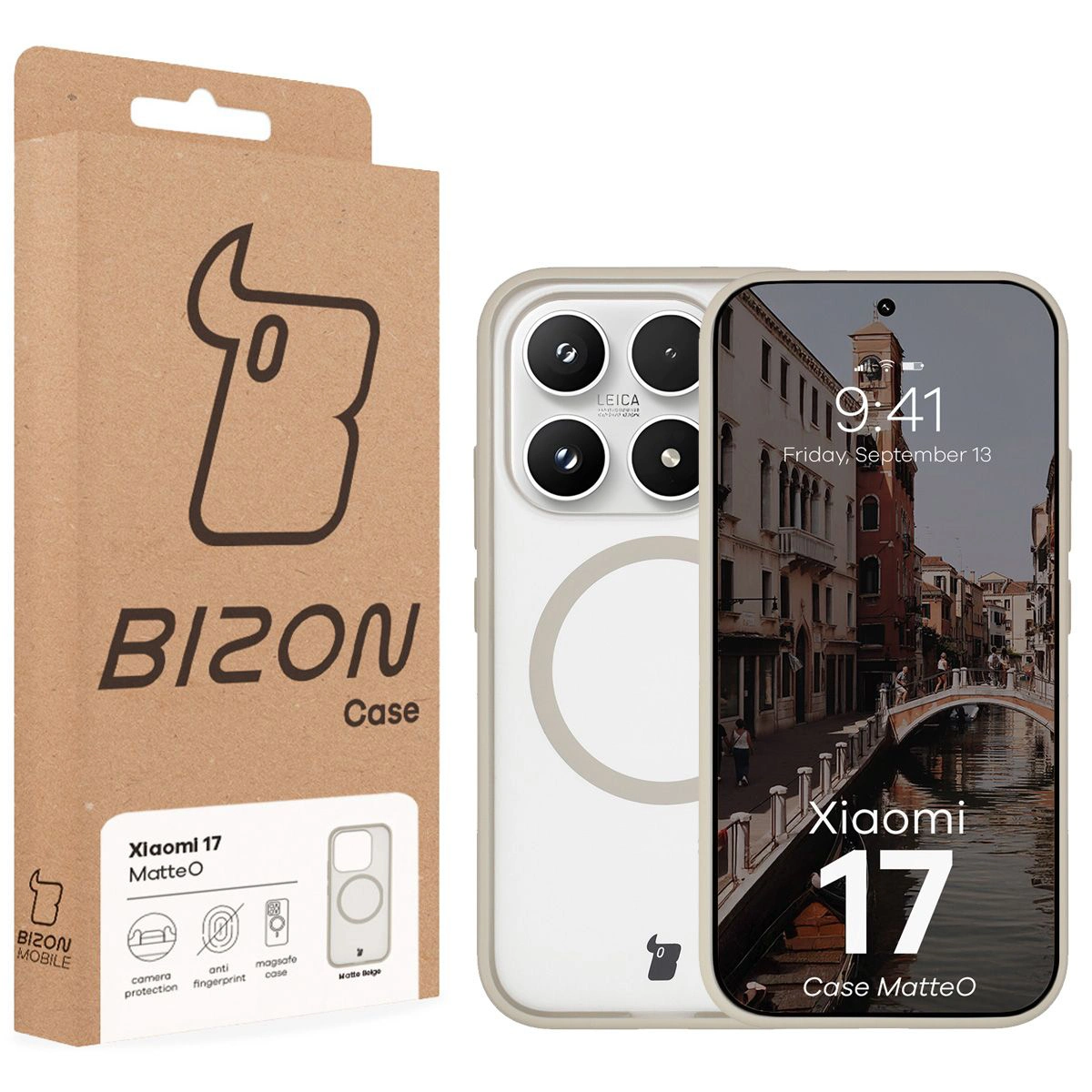 Fața cutiei Bizon Case cu etichetă dedicată pentru Xiaomi 17