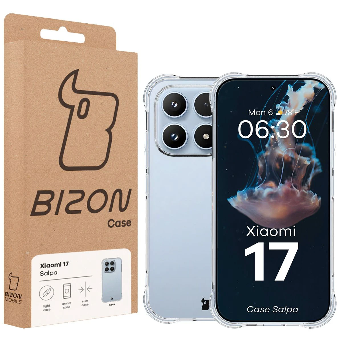 Przód pudełka Bizon Case z dedykowaną etykietą do Xiaomi 17