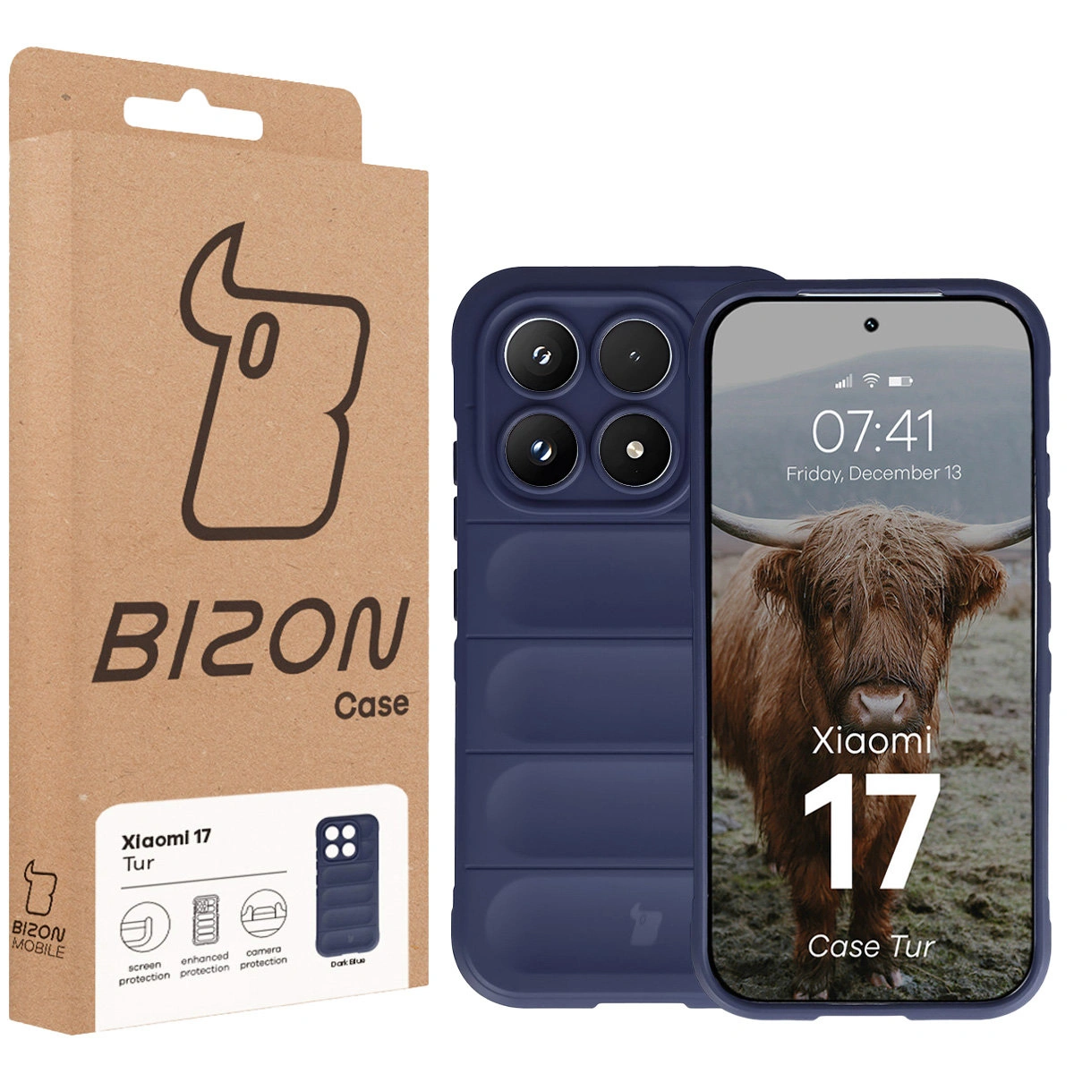 Fața cutiei Bizon Case cu eticheta dedicată pentru Xiaomi 17
