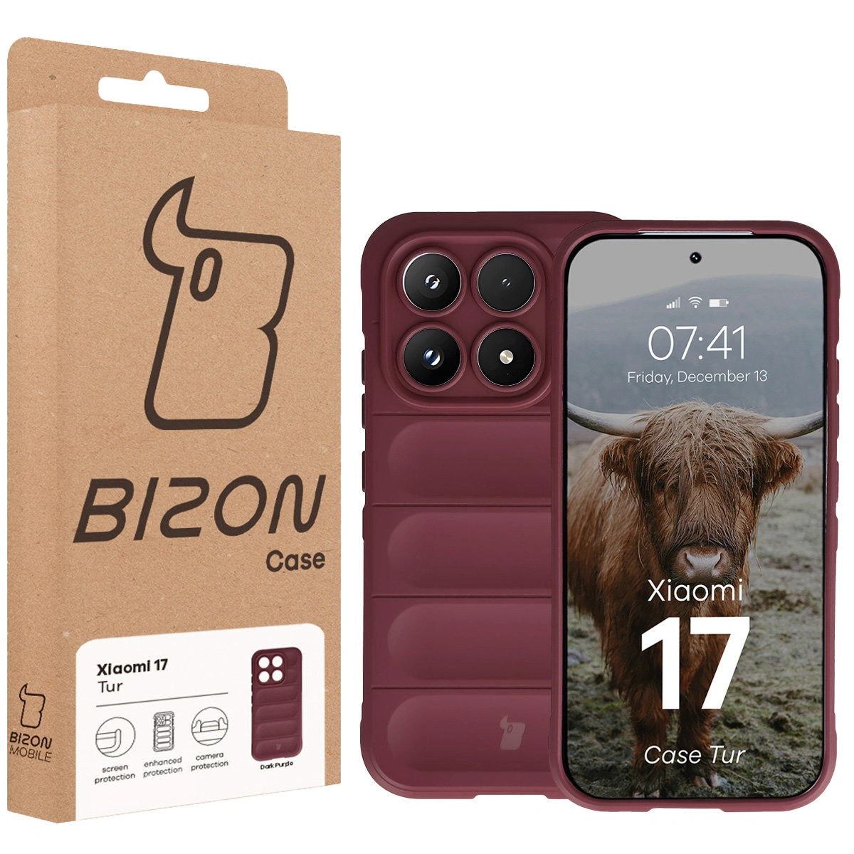 Fața cutiei Bizon Case cu etichetă dedicată pentru Xiaomi 17