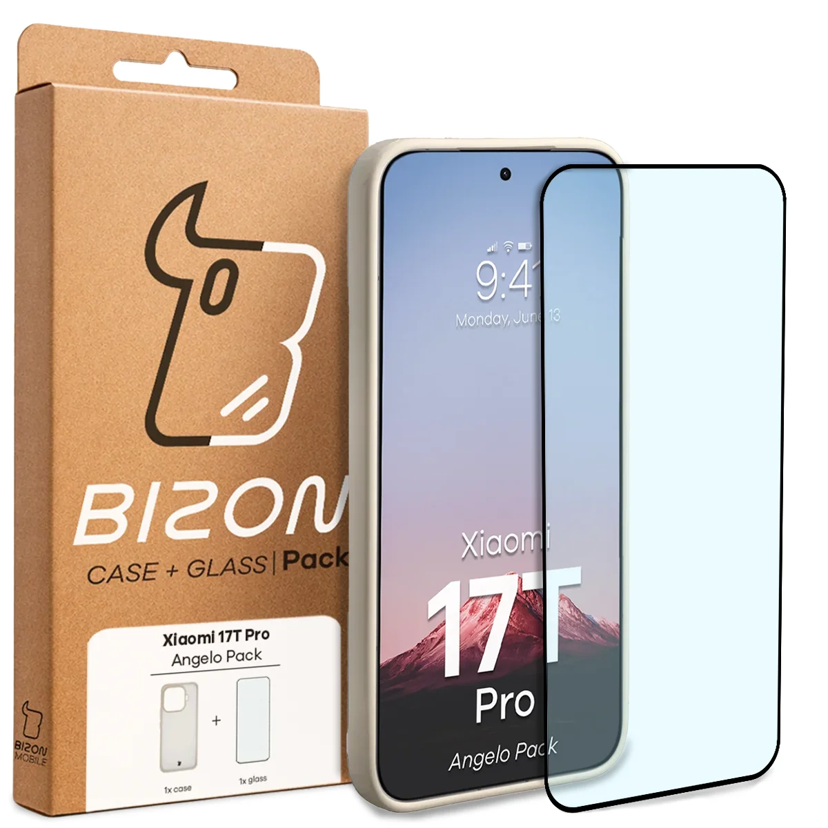 A Bizon Case Angelo Pack dobozának elülső oldala a Xiaomi 17T Pro-hoz készült címkével